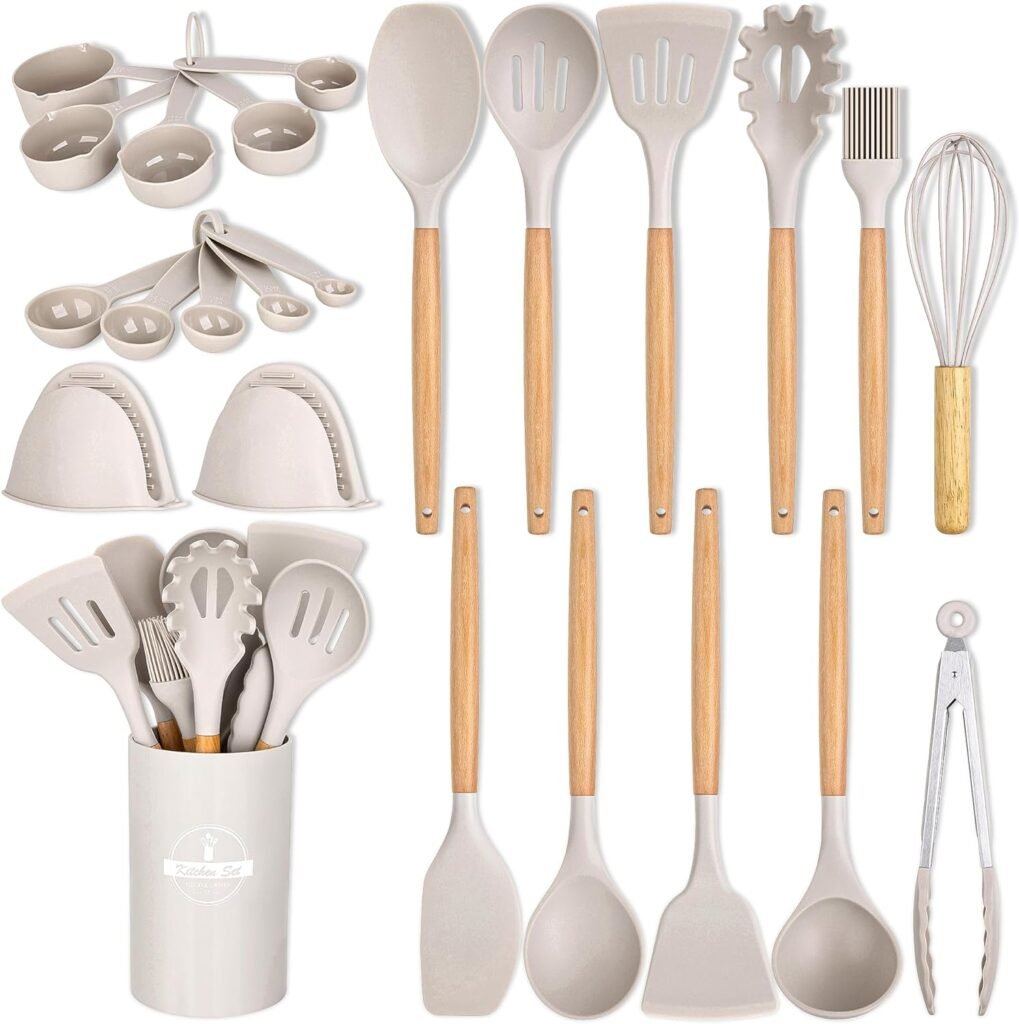 24 Pcs Kitchen Cooking Utensils Set,446°F Heat Resistant Non-Stick Silicone Kitchen Utensil Set With Wooden Handles and Holder,Kitchen Gadgets for Cookware,Kitchen Accessories,Khaki