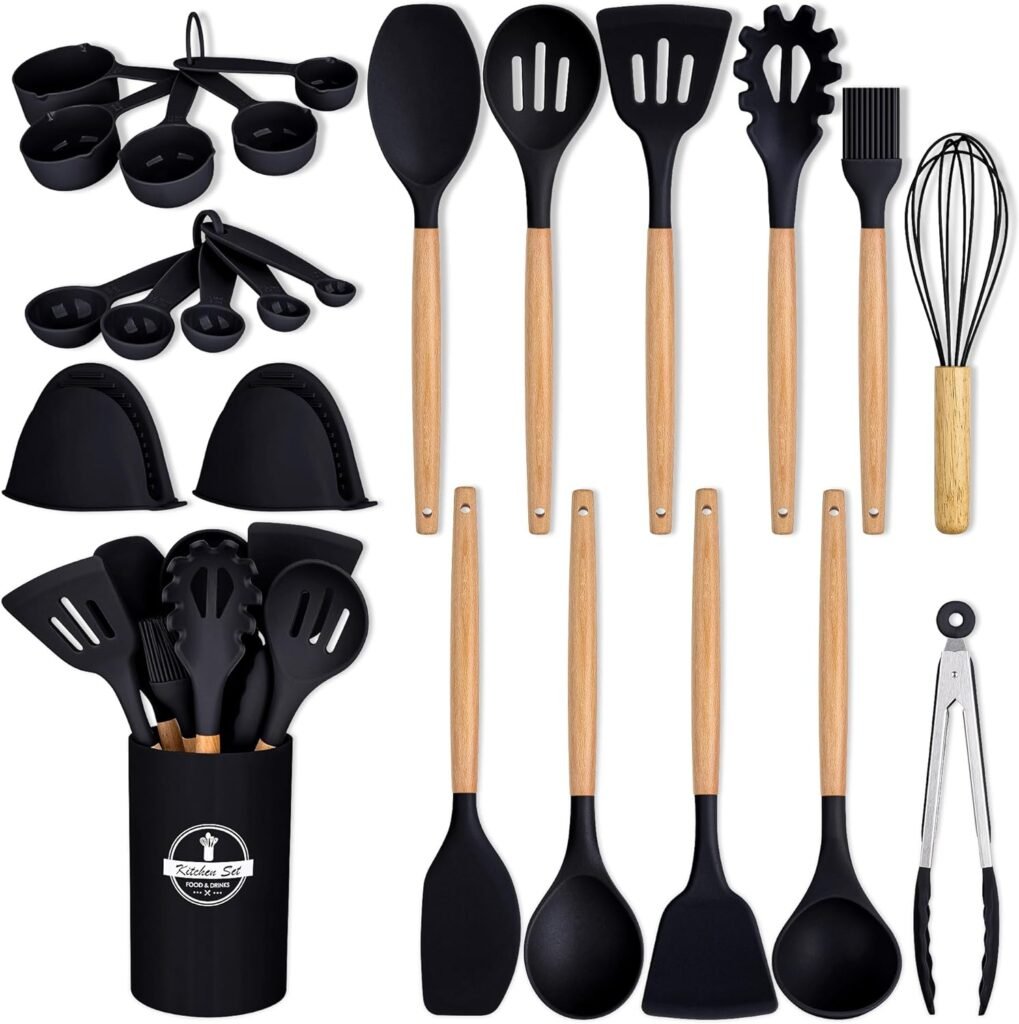 24 Pcs Kitchen Cooking Utensils Set,446°F Heat Resistant Non-Stick Silicone Kitchen Utensil Set With Wooden Handles and Holder,Kitchen Gadgets for Cookware,Kitchen Accessories,Khaki