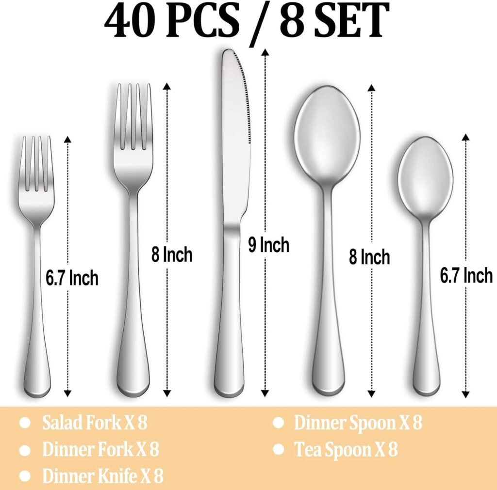 40 Piece Silverware Set Service for 8,Premium Stainless Steel Flatware,Mirror Polished Cutlery Utensil Set,Durable Home Kitchen Eating Tableware,Include Fork Knife Spoon Set,Dishwasher Safe