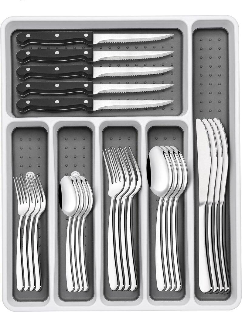 49-Piece Silverware Set with Organizer, Heavy Duty Stainless Steel Flatware for 8, Cutlery Utensil Sets with Steak Knives, Rust-proof, Mirror Polished, Dishwasher Safe