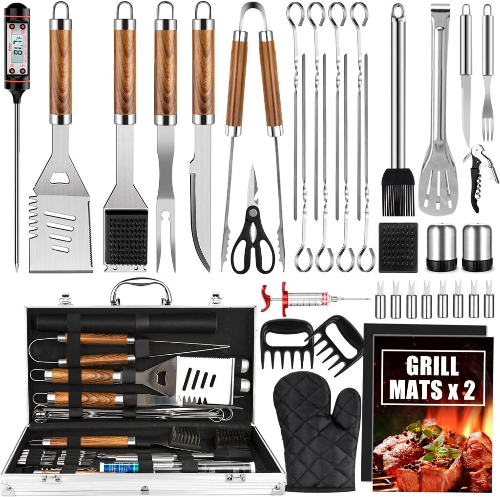 Cifaisi BBQ Grill Utensils Set for Camping/Backyard, 38Pcs Stainless Steel Grill Tools Grilling Accessories with Barbecue Mats, Aluminum Case, Thermometer for Men Women