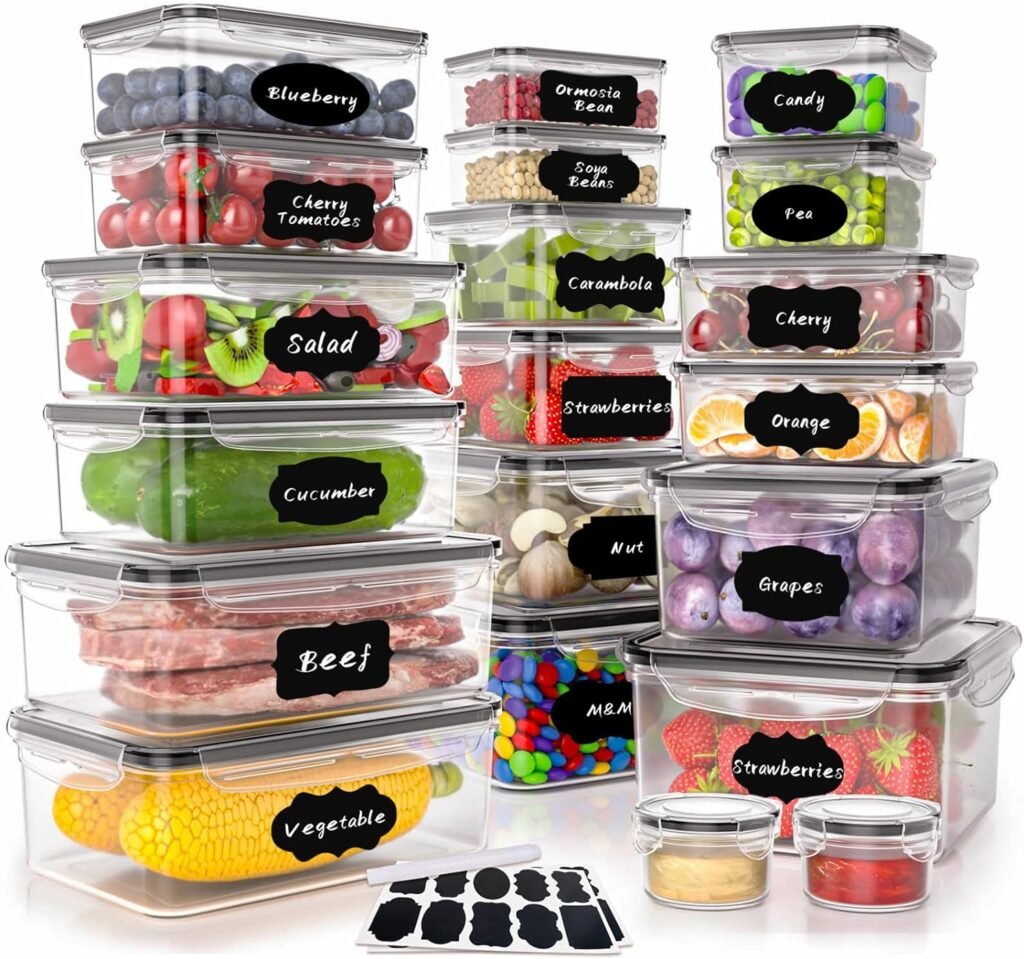 GEIKR 40 PCS Plastic Food Storage Containers with Lids Airtight, 100% BPA-Free Leakproof Meal Prep Containers Reusable,Microwave  Dishwasher  Freezer Safe,Includes Labels  Pen