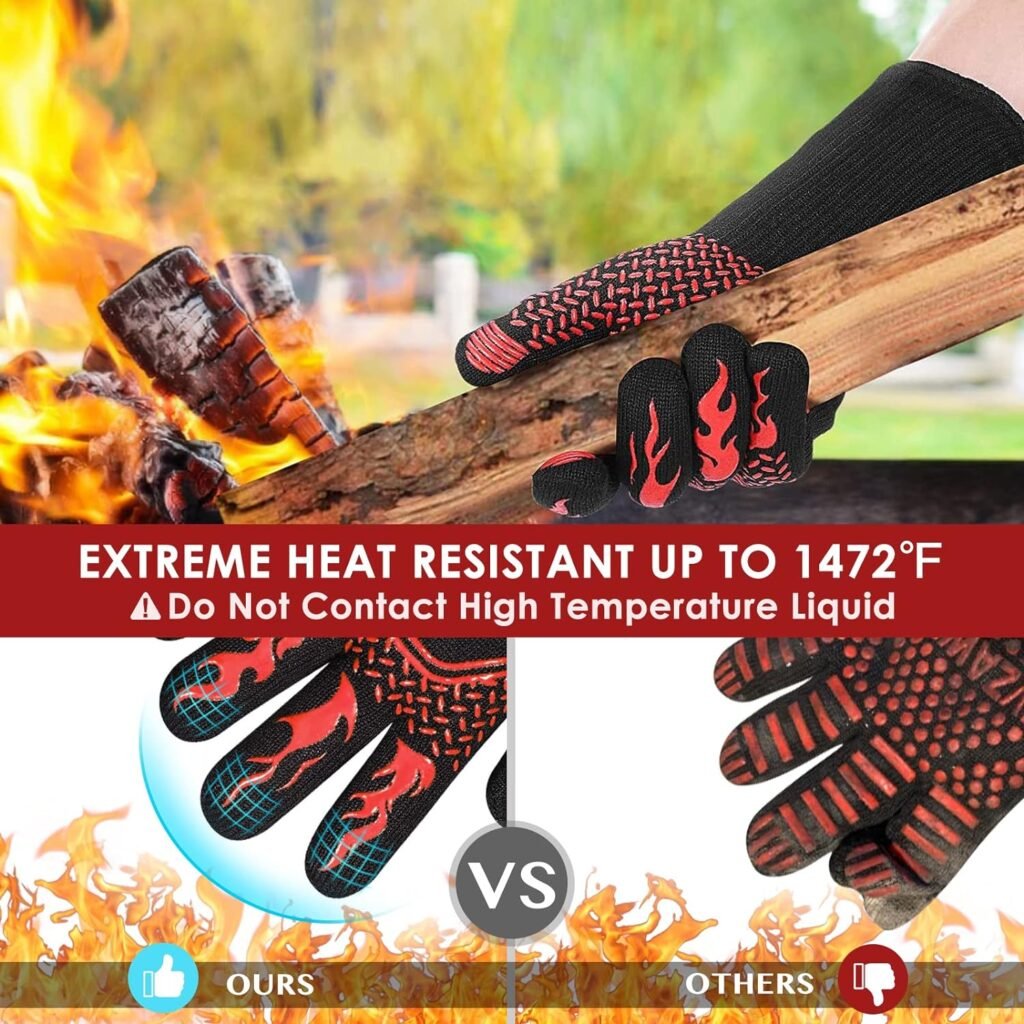 HAMITOR BBQ Grill Gloves Heat Resistant: 1472℉ High Temp Resistance Fireproof Glove for Grilling Smoking Barbecue - Washable Long Oven Mitts Extreme Hot Proof Mittens for Kitchen Cooking Baking