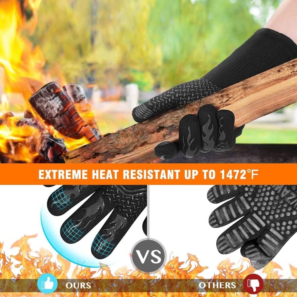 HAMITOR BBQ Grill Gloves Heat Resistant: 1472℉ High Temp Resistance Fireproof Glove for Grilling Smoking Barbecue - Washable Long Oven Mitts Extreme Hot Proof Mittens for Kitchen Cooking Baking