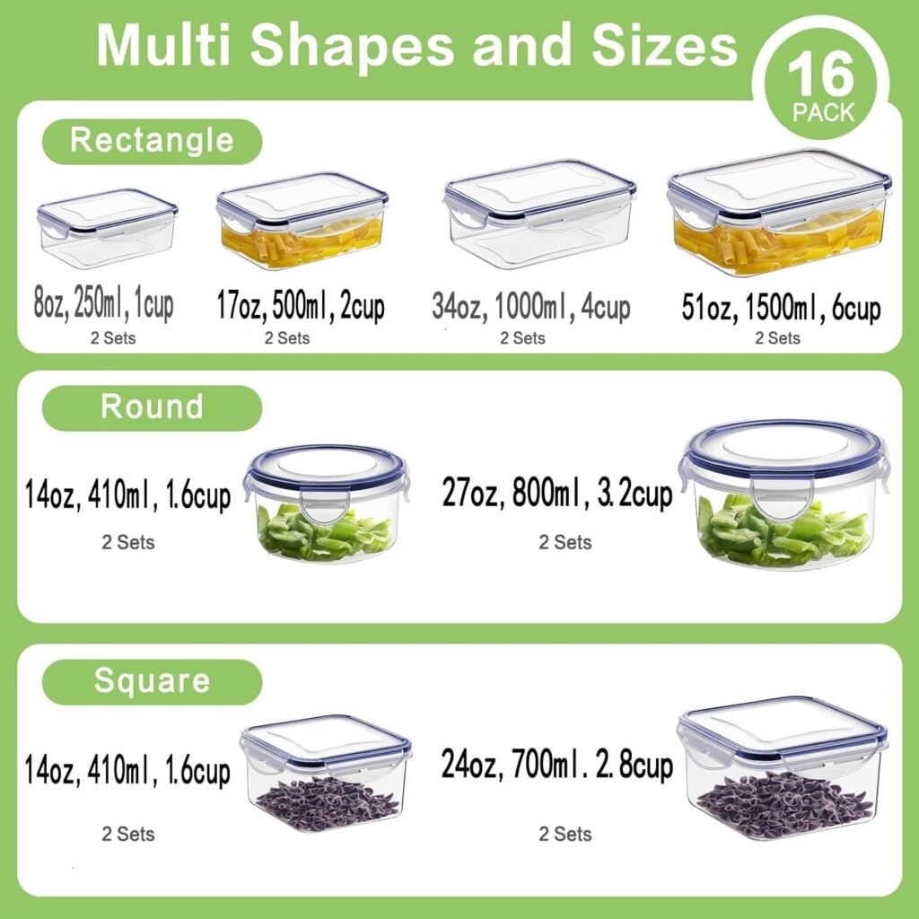 HOMBERKING 32 Pieces Food Storage Containers Set with Snap Lids (16 Lids + 16 Containers), Meal Prep Airtight Plastic Containers, BPA-Free Lunch Containers for Kitchen, Pantry, Home, Black