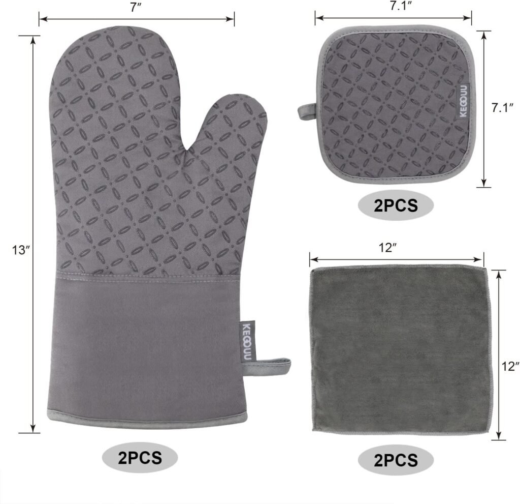 KEGOUU Oven Mitts and Pot Holders 6pcs Set, Kitchen Oven Glove High Heat Resistant 500 Degree Extra Long Oven Mitts and Potholder with Non-Slip Silicone Surface for Cooking (Grey)