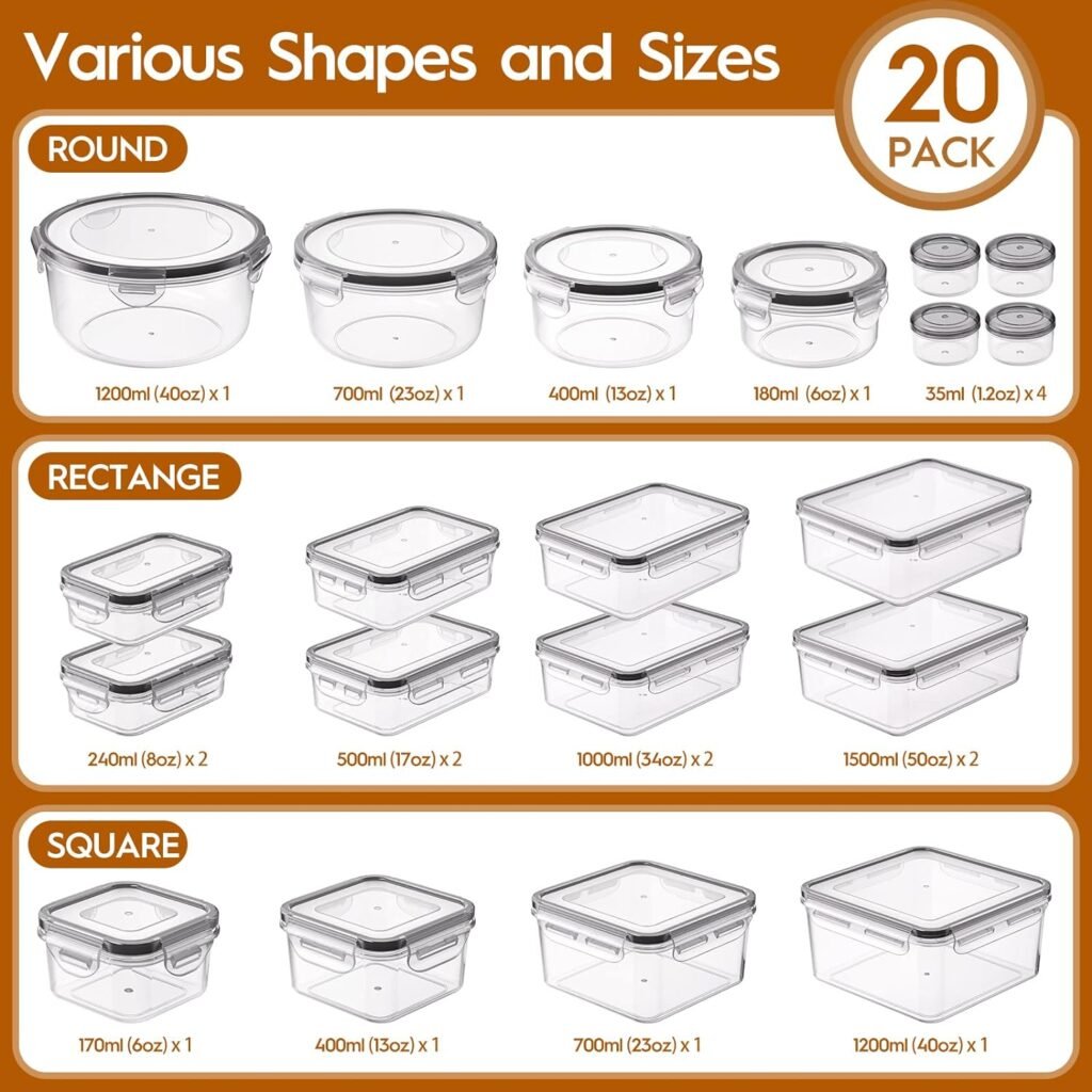 KEMETHY 40 Pcs Food Storage Containers with Lids Airtight (20 Containers  20 Lids), Plastic Meal Prep Container for Pantry  Kitchen Organization, BPA-Free, Leak-Proof with Labels  Marker Pen