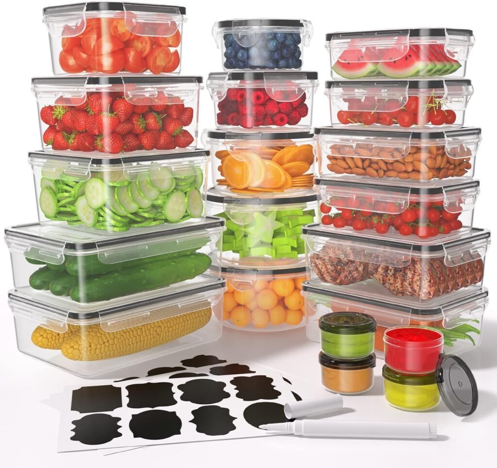 KEMETHY 40 Pcs Food Storage Containers with Lids Airtight (20 Containers  20 Lids), Plastic Meal Prep Container for Pantry  Kitchen Organization, BPA-Free, Leak-Proof with Labels  Marker Pen