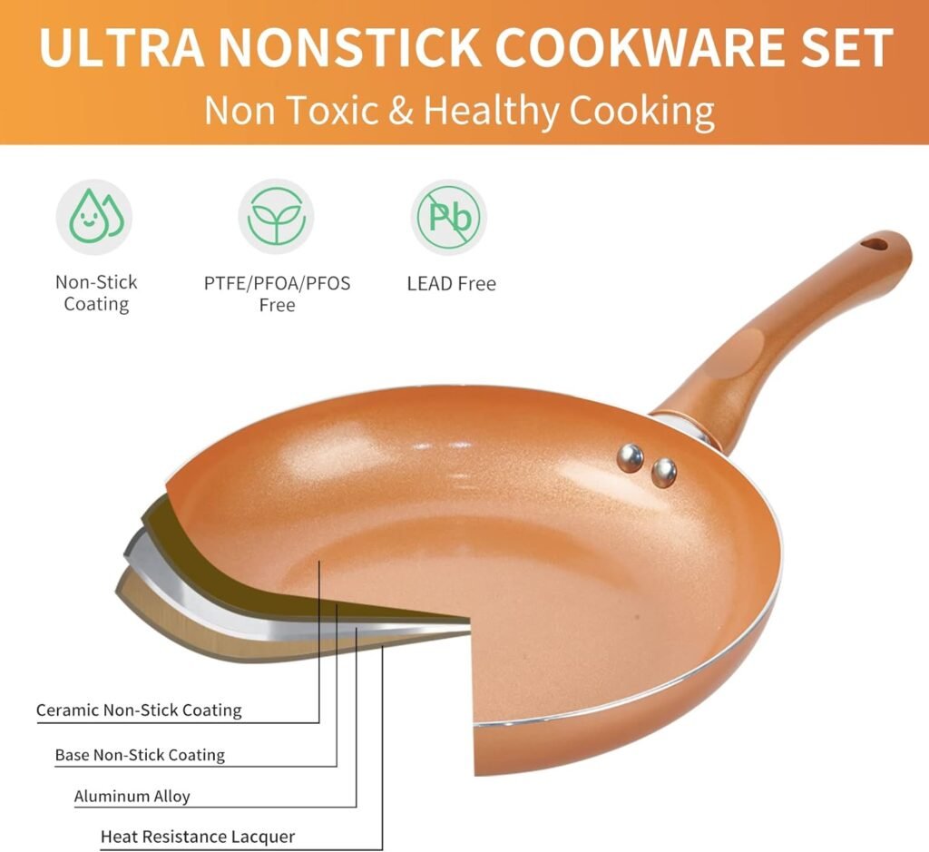 M MELENTA Pots and Pans Set Ultra Nonstick, Pre-Installed 11pcs Cookware Set Copper with Ceramic Coating, Stay cool handle  Nylon Kitchen Utensils, Gas/Induction Compatible, 100% PFOA Free