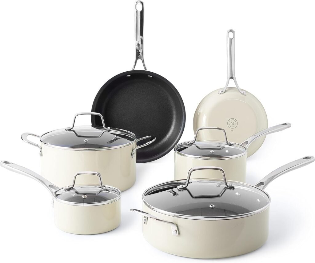 Martha Stewart Lockton Premium Nonstick 10 Piece Enamel Heavy Gauge Aluminum Pots and Pans Cookware Set - Linen White