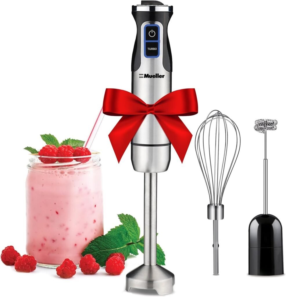 Mueller Austria Ultra-Stick 500 Watt 9-Speed Immersion Multi-Purpose Hand Blender Heavy Duty Copper Motor Brushed 304 Stainless Steel With Whisk, Milk Frother Attachments