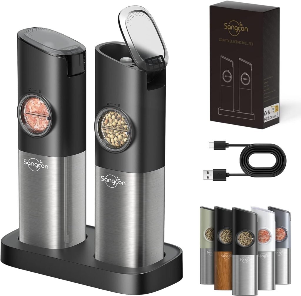 Sangcon Electric Salt and Pepper Grinder Mill Set, Safety  Gravity Switch, Battery Powered with LED Light, Adjustable Coarseness, One Hand Automatic Operated Kitchen Gadgets, Stainless Steel, 2 Pack