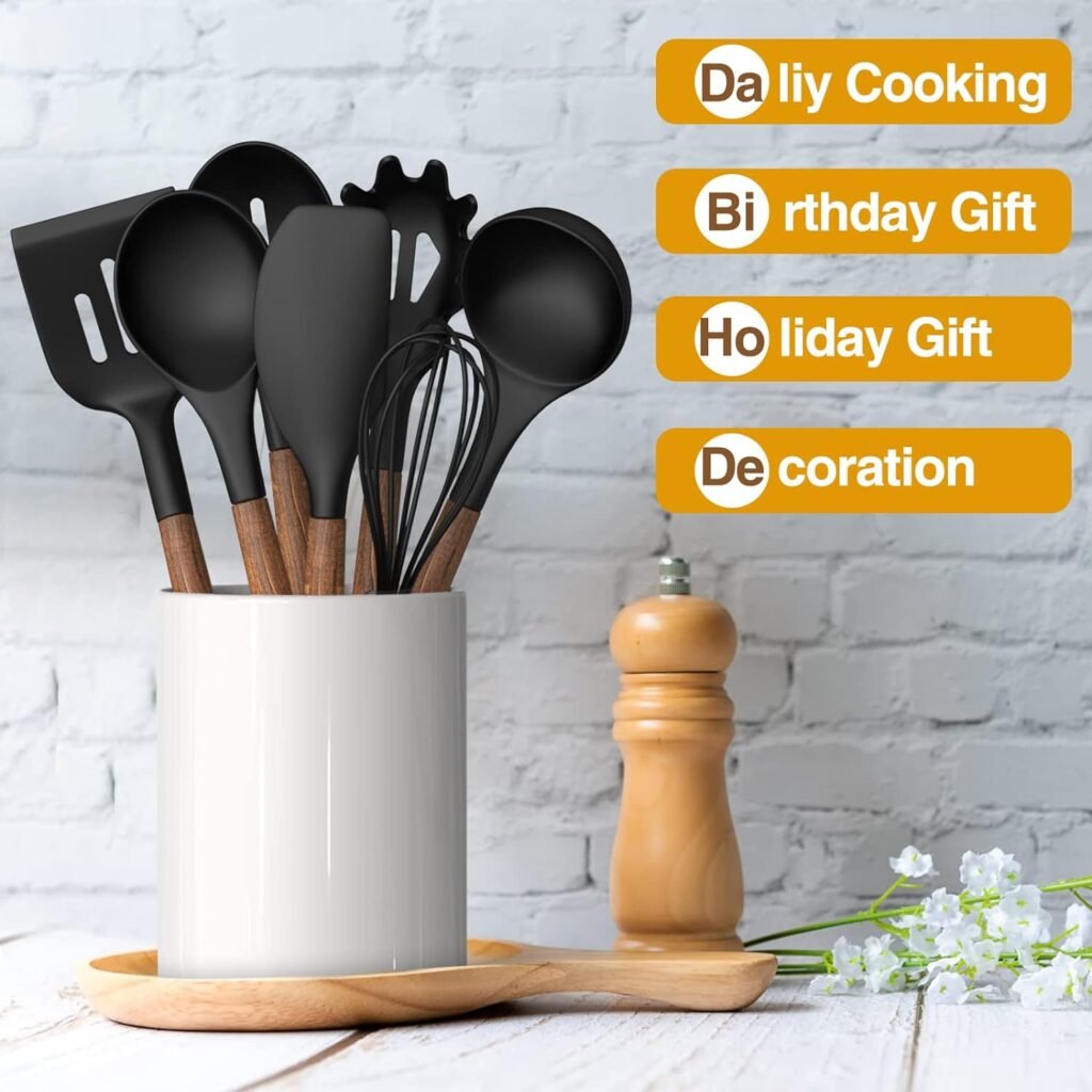 Silicone Cooking Utensil Set, Umite Chef 8-Piece Kitchen Set with Natural Acacia Wooden Handles,Food-Grade Silicone Heads-Silicone Kitchen Gadgets Spatulas Set for Nonstick Cookware- Black