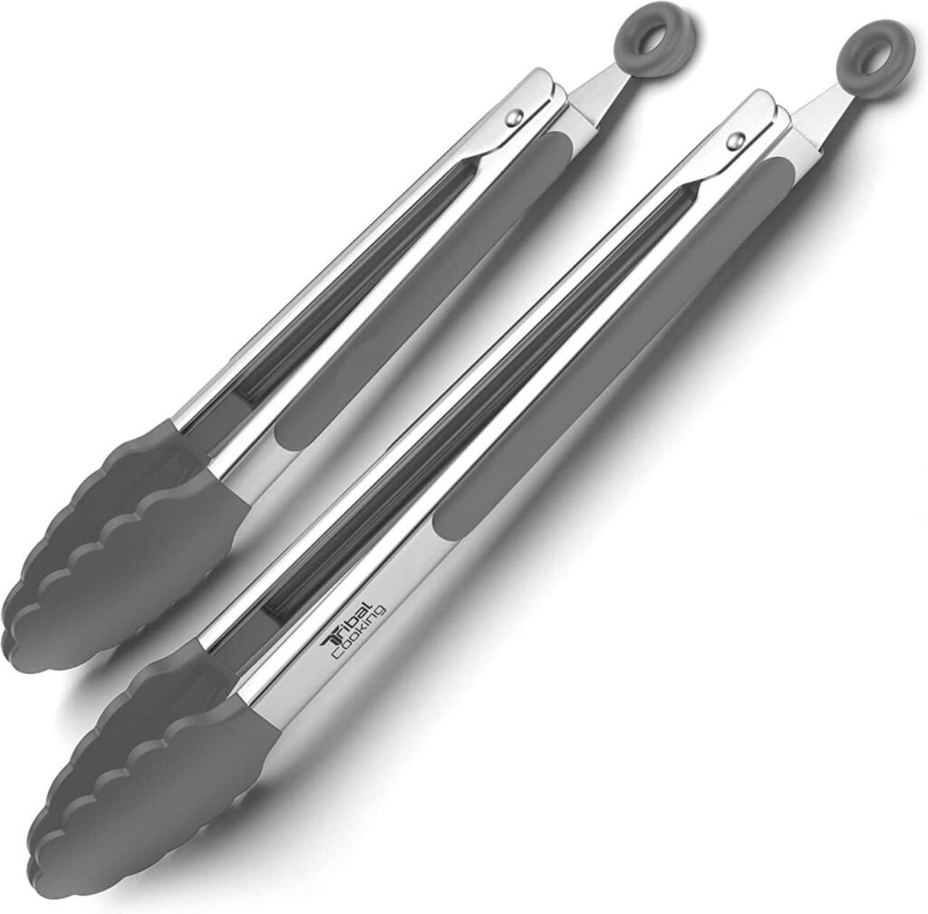 Tribal Cooking Kitchen Tongs with Silicone Tips - Stainless Steel tongs for cooking - 9 and 12 Tongs With Silicone Rubber Grips, Small and Large - Metal BBQ Tongs with Locking