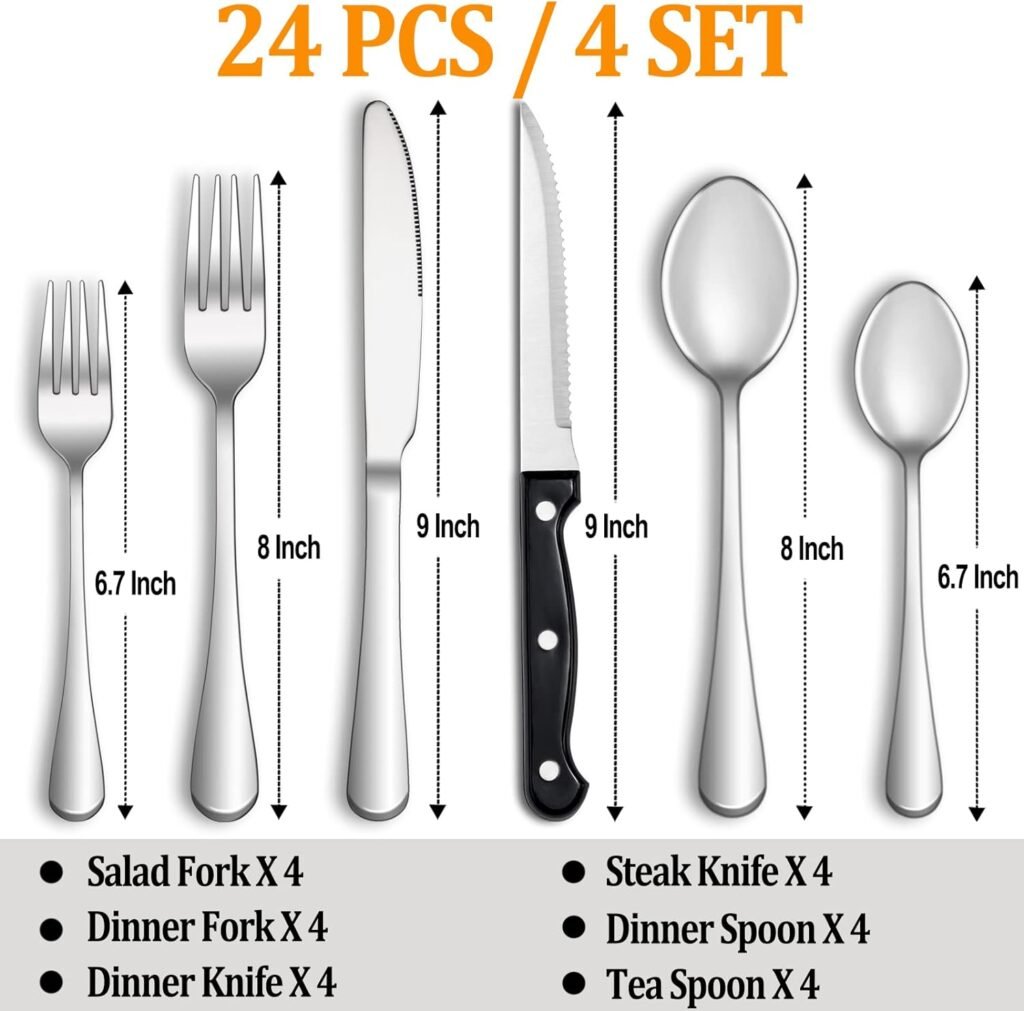 24 Pcs Silverware Set with Steak Knives Service for 4,Stainless Steel Flatware Set,Mirror Polished Cutlery Utensil Set,Home Kitchen Eating Tableware Set,Include Fork Knife Spoon Set,Dishwasher Safe