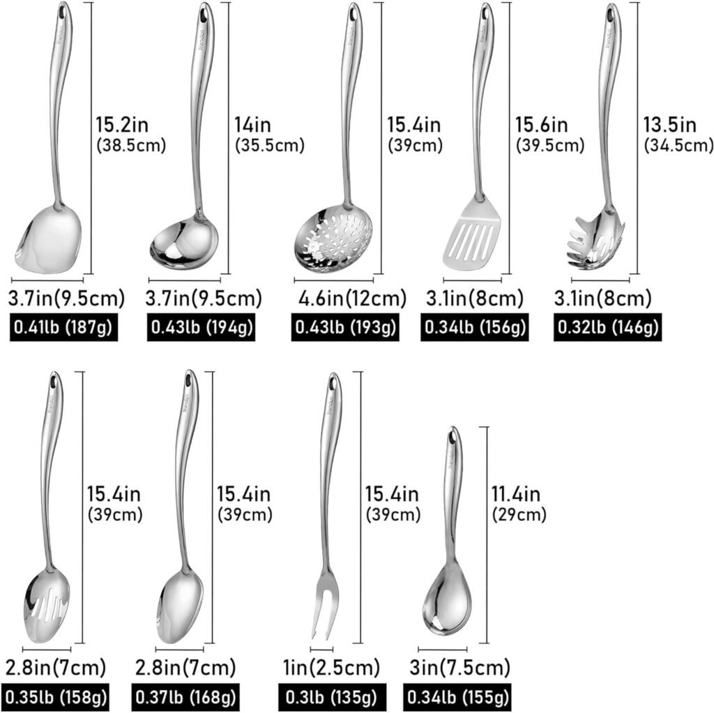 304 Stainless Steel Kitchen Utensil Set - 9 PCS Serving Utensils, Cooking Utensil, Solid Spoon, Slotted Spoon, Fork, Spatula, Ladle, Skimmer Spoon, Slotted Spatula Tunner, Spaghetti Spoon, Large Spoon