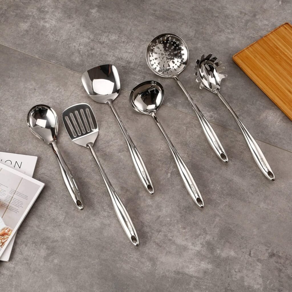 304 Stainless Steel Kitchen Utensil Set - 9 PCS Serving Utensils, Cooking Utensil, Solid Spoon, Slotted Spoon, Fork, Spatula, Ladle, Skimmer Spoon, Slotted Spatula Tunner, Spaghetti Spoon, Large Spoon