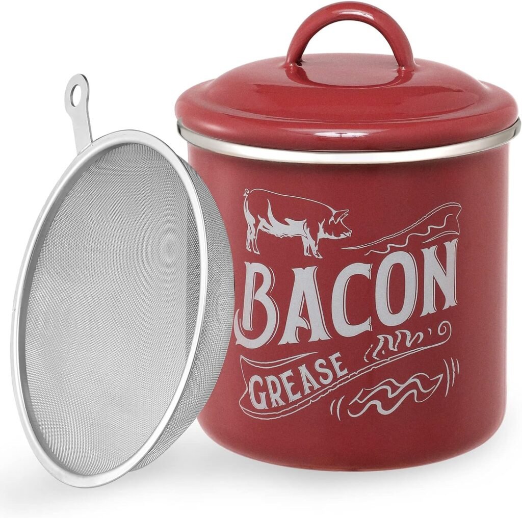 38OZ (1.3L) Bacon Grease Saver Container with Fine Strainer - Enamel  Stainless Steel Oil Keeper Can for Bacon Fat Dripping - Farmhouse Kitchen Gift  Decor Cooking Accessories - Dishwasher Safe, Red