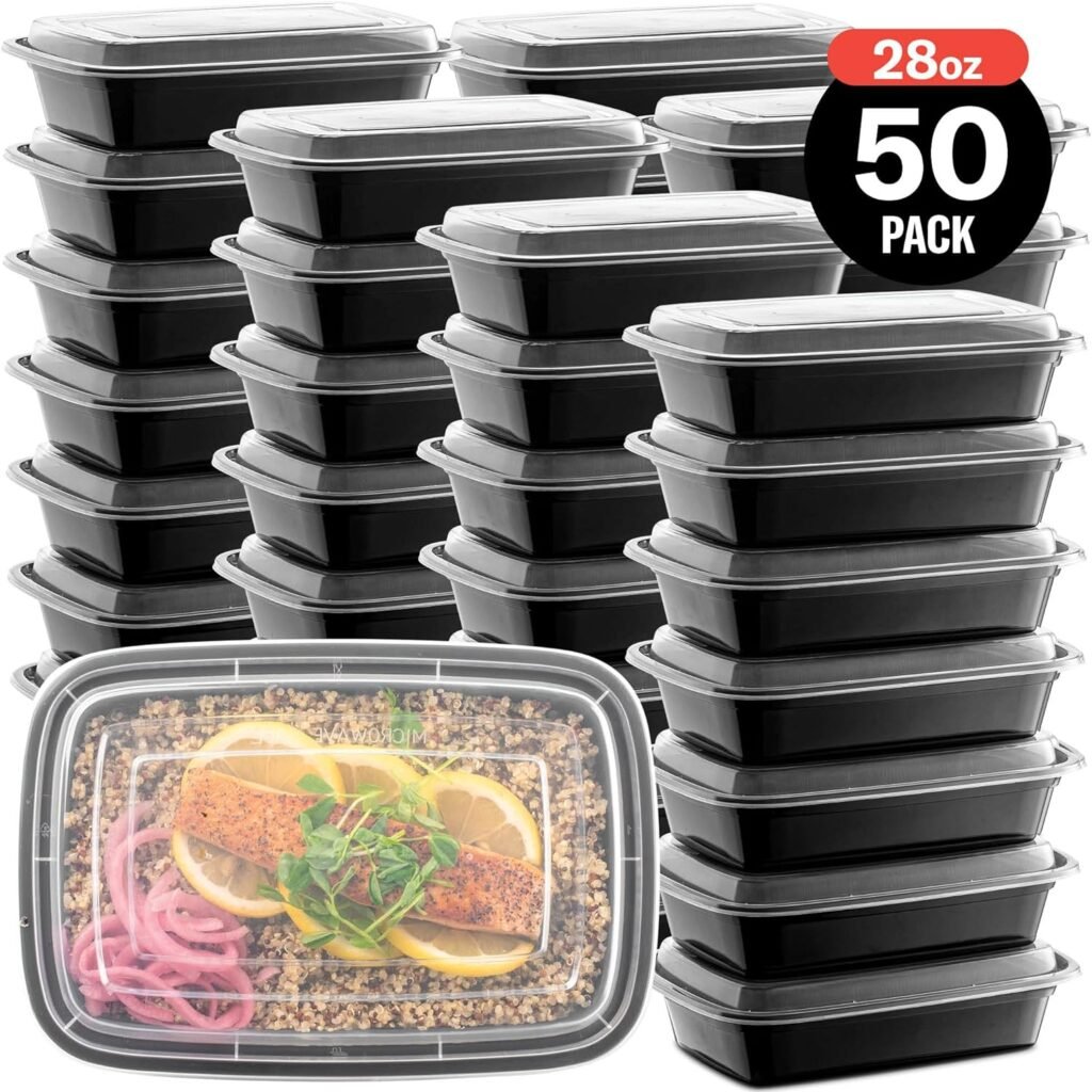 50-Pack Reusable Meal Prep Containers Microwave Safe Food Storage Containers with Lids, 28 oz - 1 Compartment Take Out Disposable Plastic Bento Lunch Box To Go, BPA Free - Dishwasher  Freezer Safe