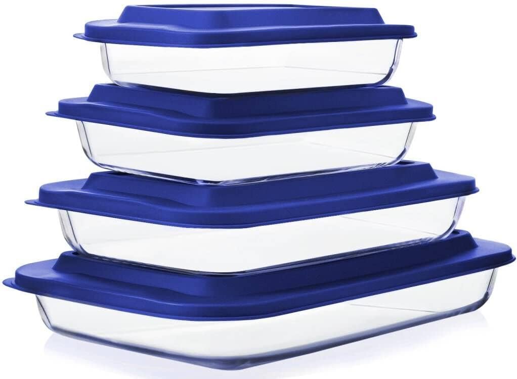 8-Piece Deep Glass Baking Dish Set with Plastic lids,Rectangular Glass Bakeware Set with BPA Free Lids, Baking Pans for Lasagna, Leftovers, Cooking, Kitchen, Freezer-to-Oven and Dishwasher, Blue