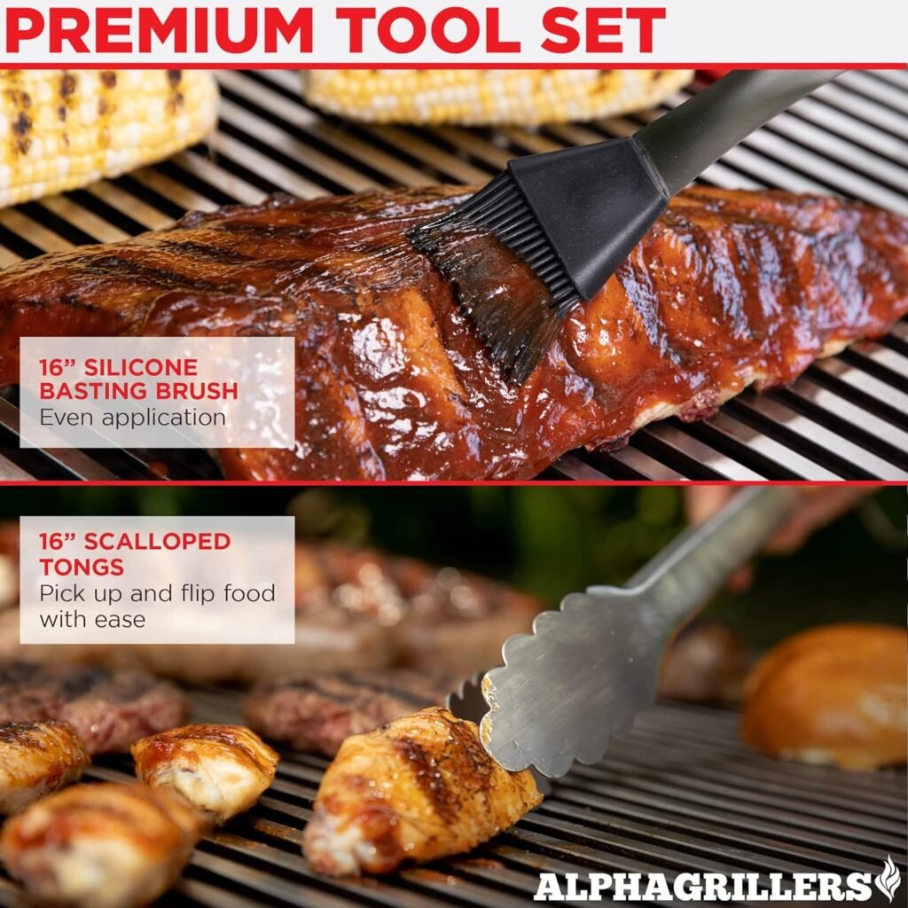 Alpha Grillers Grill Set Heavy Duty BBQ Accessories - BBQ Gifts Tool Set 4pc Grill Accessories with Spatula, Fork, Brush  BBQ Tongs - Grilling Cooking Gifts for Men Dad Durable, Stainless Steel