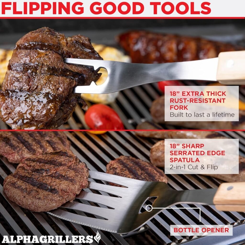 Alpha Grillers Grill Set Heavy Duty BBQ Accessories - BBQ Gifts Tool Set 4pc Grill Accessories with Spatula, Fork, Brush  BBQ Tongs - Grilling Cooking Gifts for Men Dad Durable, Stainless Steel