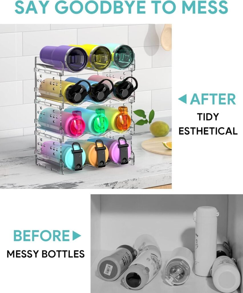 Areforic Water Bottle Organizer - 4 Pack Stackable Cup Organizer for Cabinet, Countertop, Pantry and Fridge, Free-Standing Tumbler Kitchen Storage Holder for Wine and Drink Bottles, Clear Plastic