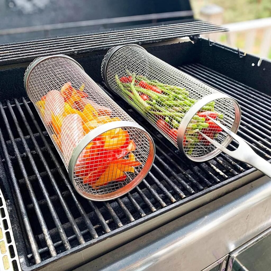 BBQ Rolling Grilling Basket for Outdoor Grill-1PCS Stainless Steel, Round Grill Mesh Outdoor Camping for Vegetables, French Fries, Fish, Shrimp, Meat.