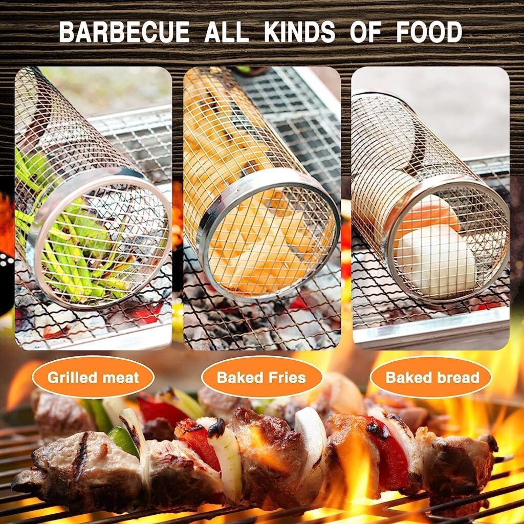 BBQ Rolling Grilling Basket for Outdoor Grill-1PCS Stainless Steel, Round Grill Mesh Outdoor Camping for Vegetables, French Fries, Fish, Shrimp, Meat.