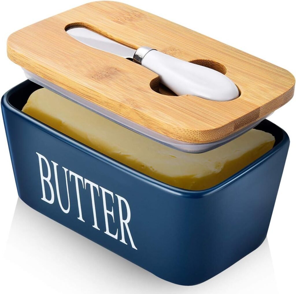 Butter Dish with Lid for Countertop Large Butter Dish Ceramics Butter Keeper Container with Knife and High-Quality Silicone Sealing Butter Dishes with Covers Good Kitchen Gift Blue