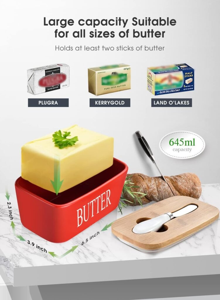 Butter Dish with Lid for Countertop Large Butter Dish Ceramics Butter Keeper Container with Knife and High-Quality Silicone Sealing Butter Dishes with Covers Good Kitchen Gift Blue