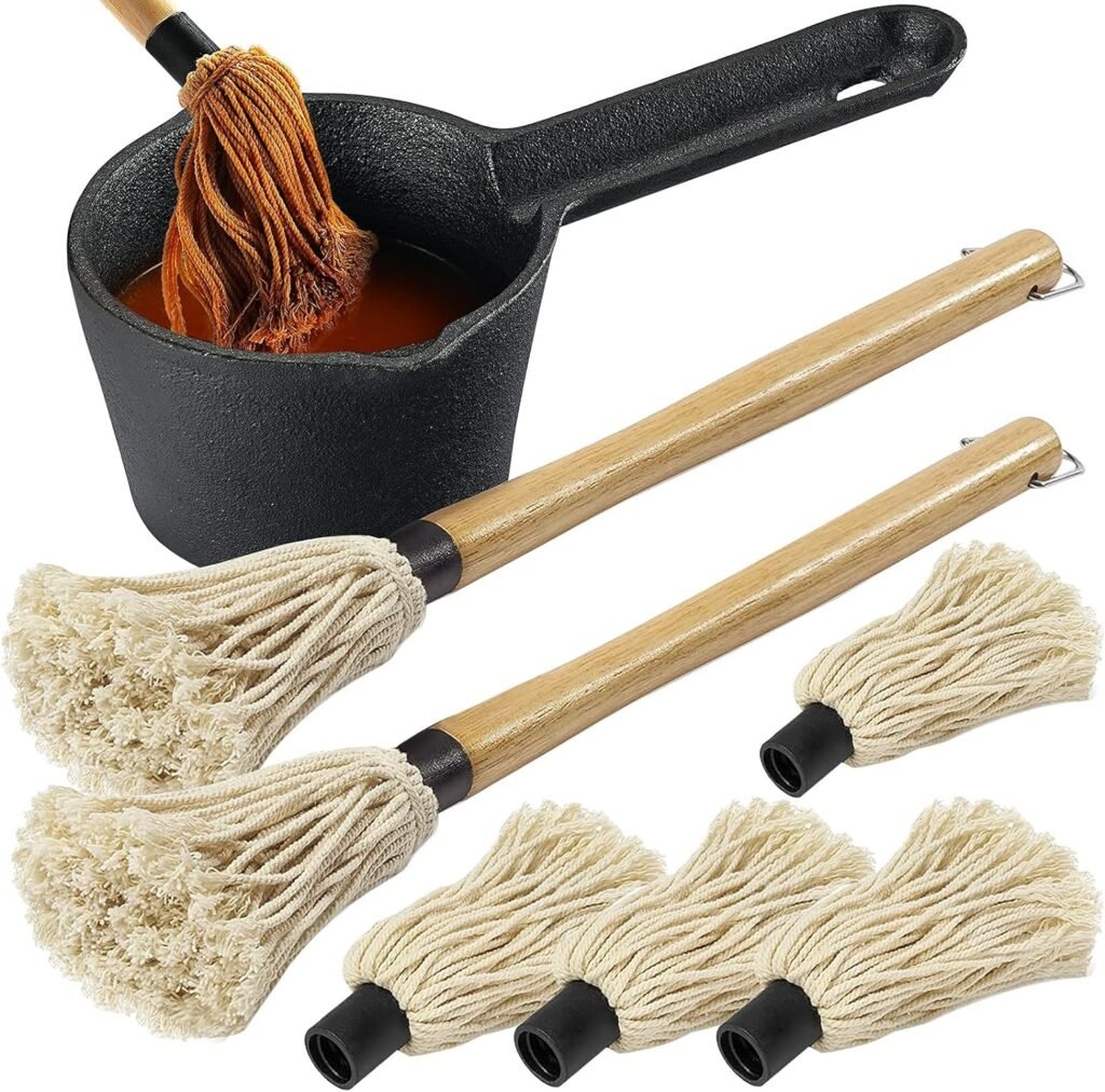 Cast Iron Sauce Pot and BBQ Mop Brush Set for Grilling, 7 Pcs Barbecue Accessories include Heat Preservation Heavy Basting Melting Pot, 2Pcs Wooden Long Handle Sauce Mops with 4Pcs Replacements