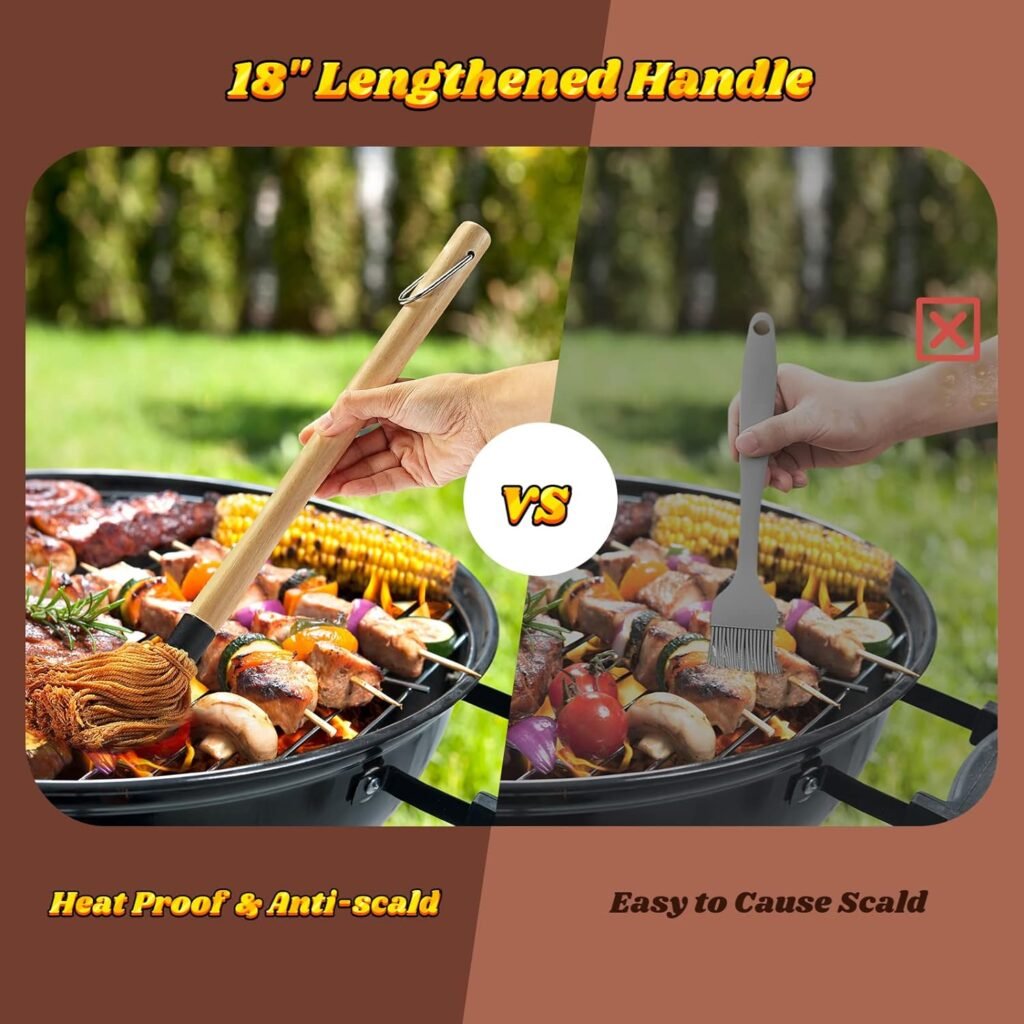 Cast Iron Sauce Pot and BBQ Mop Brush Set for Grilling, 7 Pcs Barbecue Accessories include Heat Preservation Heavy Basting Melting Pot, 2Pcs Wooden Long Handle Sauce Mops with 4Pcs Replacements