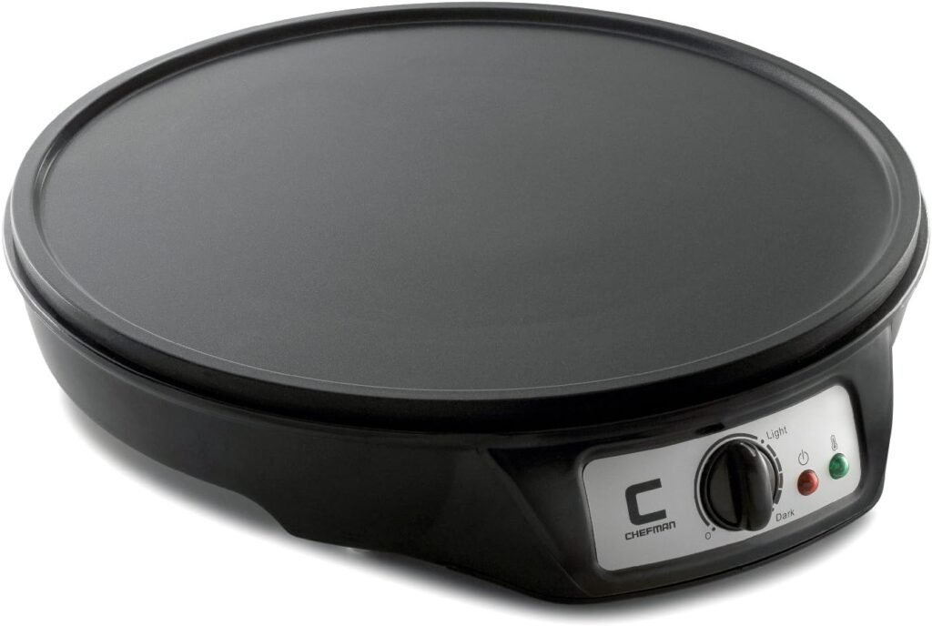 CHEFMAN Electric Crepe Maker: Precise Temp Control, 12 Non-Stick Griddle, Perfect for Crepes, Tortillas, Blintzes, Pancakes, Waffles, Eggs, Bacon, Batter Spreader  Spatula Included, Black