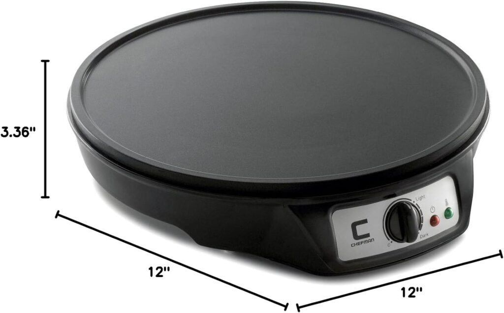 CHEFMAN Electric Crepe Maker: Precise Temp Control, 12 Non-Stick Griddle, Perfect for Crepes, Tortillas, Blintzes, Pancakes, Waffles, Eggs, Bacon, Batter Spreader  Spatula Included, Black