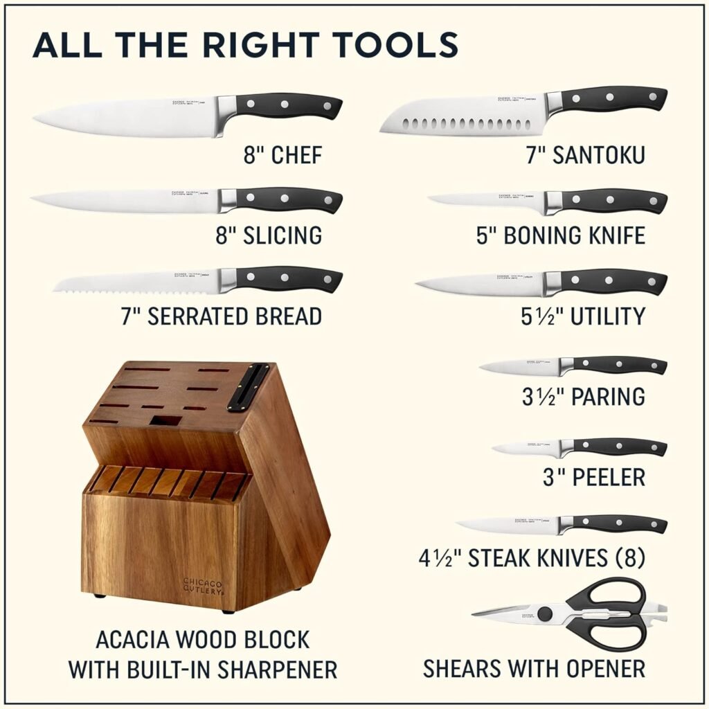 Chicago Cutlery Insignia Triple Rivet Poly (18-PC) Kitchen Knife Block Set With Wooden Block  Built-In Sharpener, Black Ergonomic Handles and Sharp Stainless Steel Professional Chef Knife Set