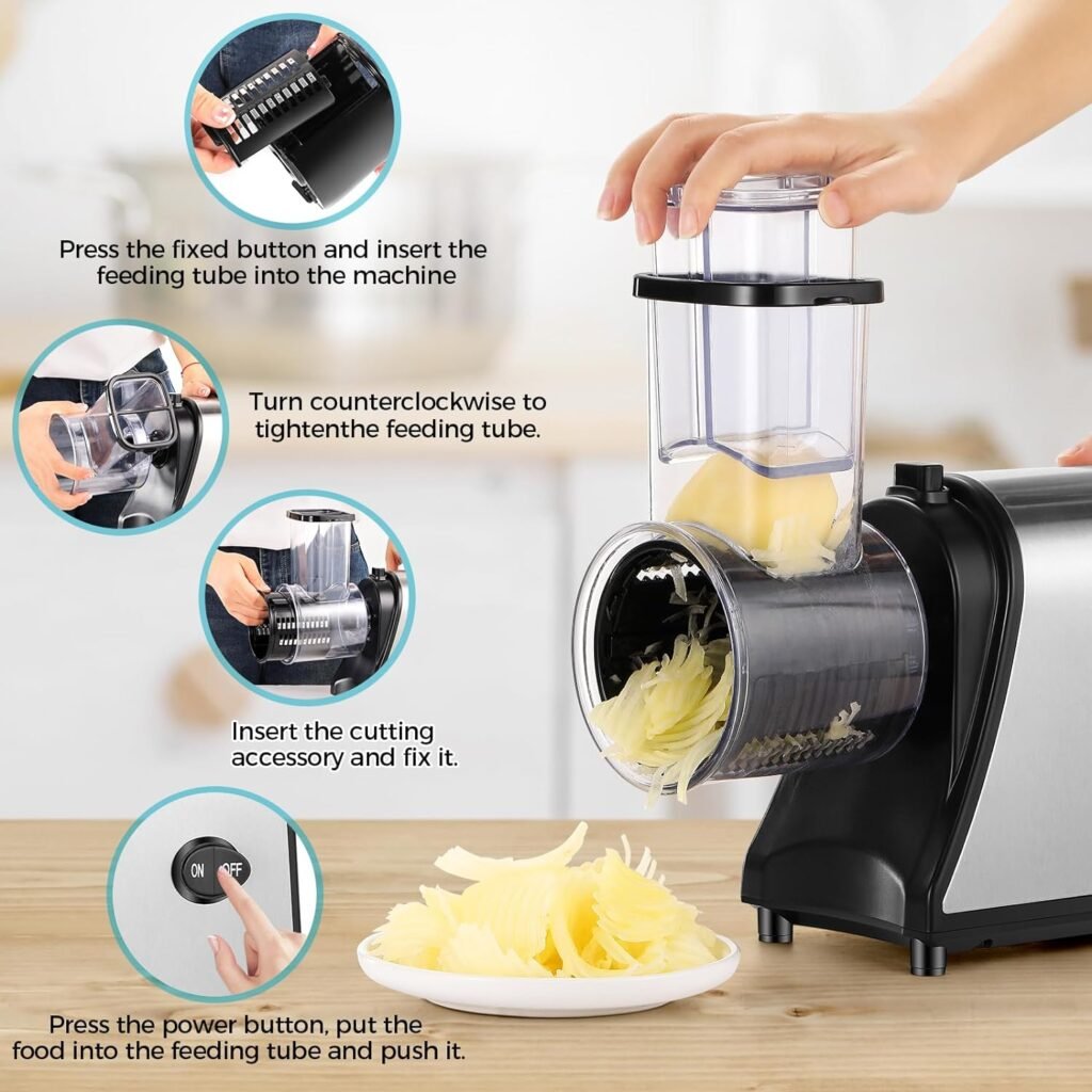 Electric Cheese Grater, 250W Multifunctional Vegetable Cutter for Home Use, 5 Stainless Steel Rotary Blades and One-Touch Control, Electric Salad Maker Cheese Shredder for Cheeses, Fruit, Veggies