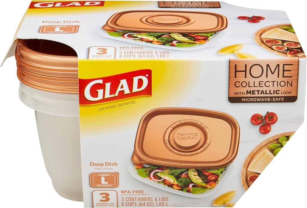 GladWare Home Deep Dish Food Storage Containers, Large Rectangle Holds 64 Ounces of Food, 3 Count Set | With Glad Lock Tight Seal, BPA Free Containers and Lids