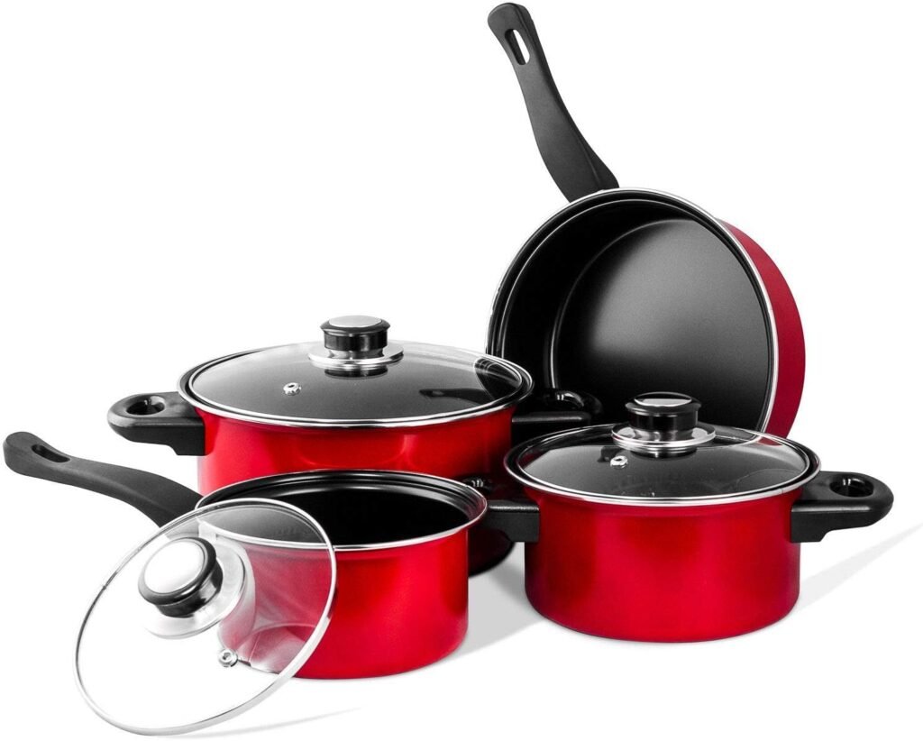 Imperial Home 7 Pc Carbon Steel Nonstick Cookware Set, Pots  Pans, Dishwasher Safe Cooking Set, Kitchen Essentials (Red)