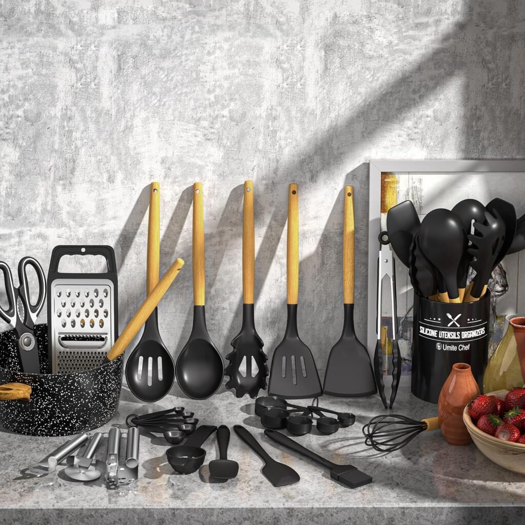 Kitchen Utensils Set- 34PCS Silicone Cooking Utensils with Holder, Umite Chef Heat Resistant Kitchen Utensil Spatula Set for Nonstick Cookware, Black Wooden Handles Kitchen Gadgets Tools Set