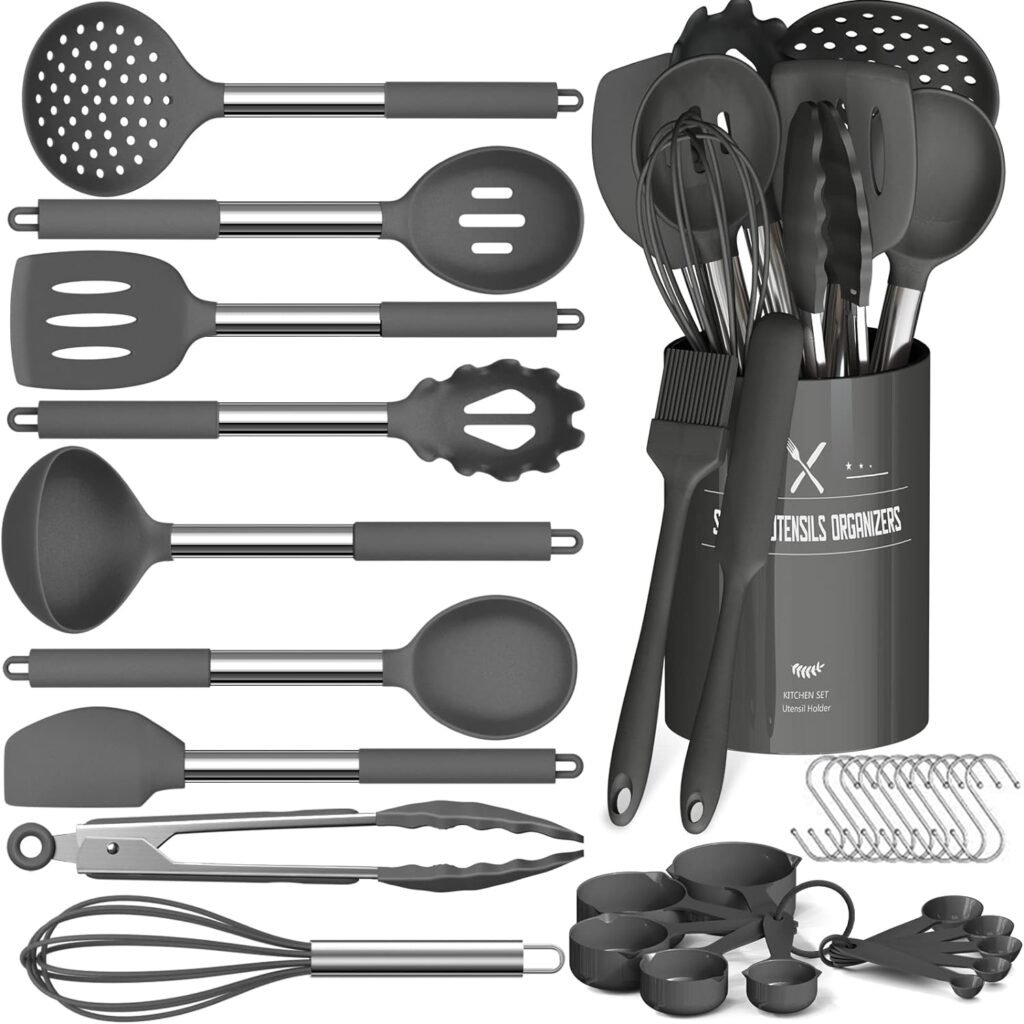 Kitchen Utensils Set,33PC Silicone Kitchen Cooking Utensils Set - Measuring Cups and Spoons Set with Stainless Steel Handle Kitchen Gadgets (Grey)