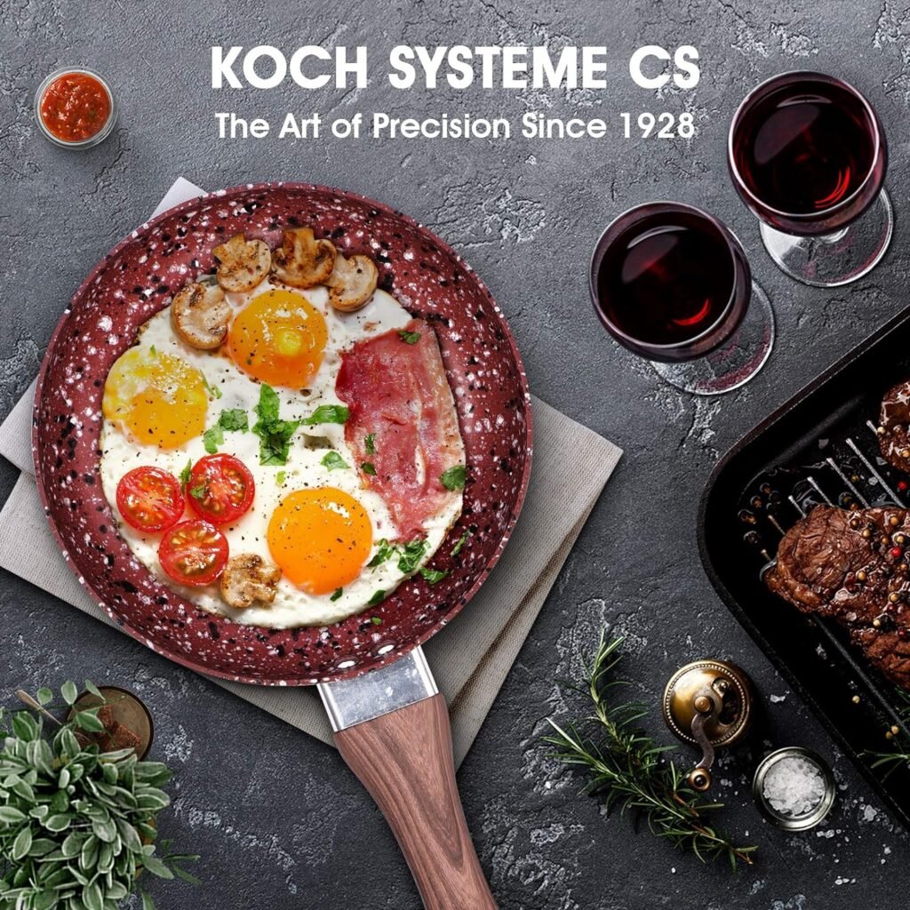 KOCH SYSTEME CS Nonstick Cookware Set - Saucepan and Frying Pans/Skillets Set, Induction Cooker Compatible, Red Stone-Derived Nonstick Coating  Cool-to-Touch Bakelite Handle, PFOS PFOA Free, 5 Piece