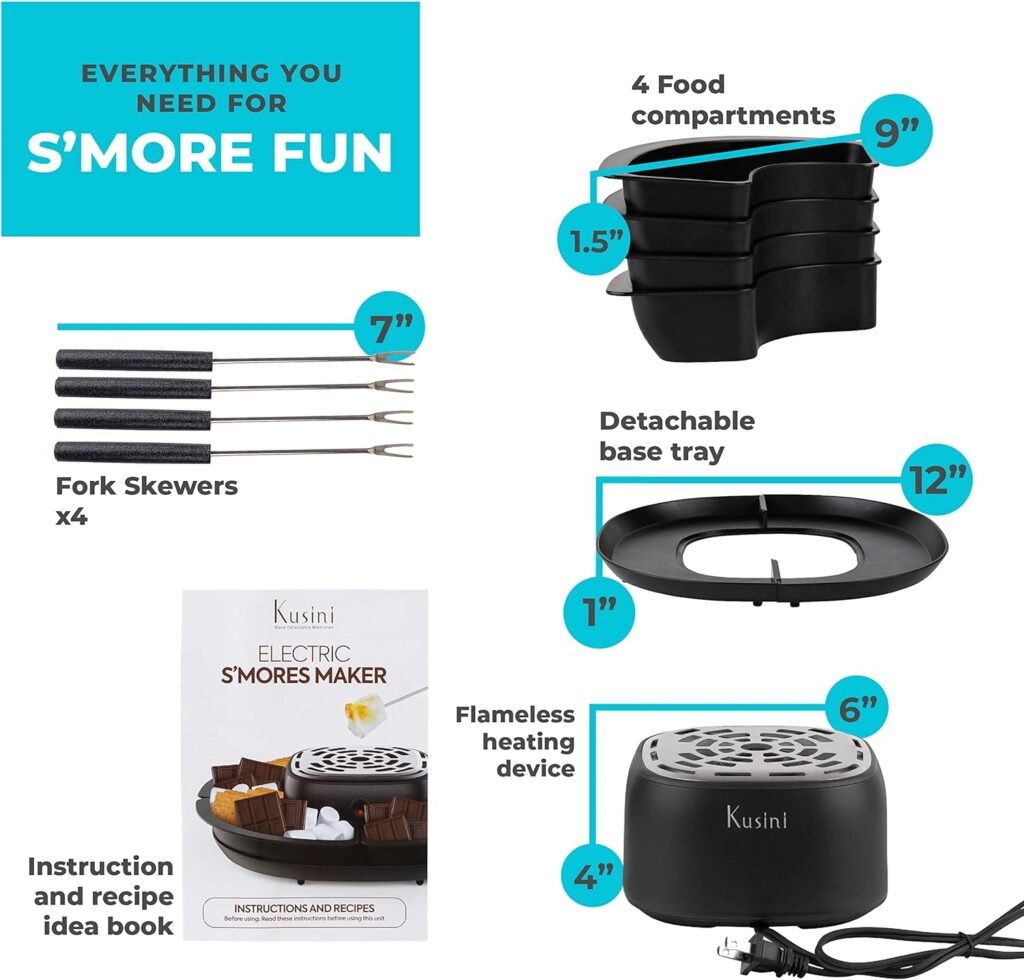 Kusini Smores Maker Tabletop Indoor - Flameless Electric Marshmallow Roaster – 4 Detachable Trays  4 Roasting Forks – Gift Set  Date Night Idea. Movie Night Supplies  Housewarming Gift