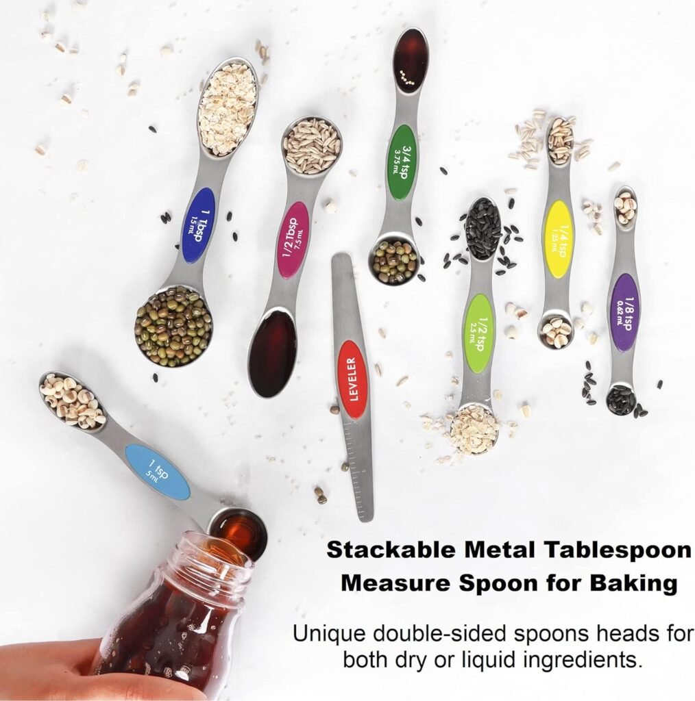 Magnetic Measuring Spoons Set Stainless Steel with Leveler, Stackable Metal Tablespoon Measure Spoon for Baking, Cups and Spoon Set Kitchen Gadgets Apartment Essentials Fits in Spice Jars