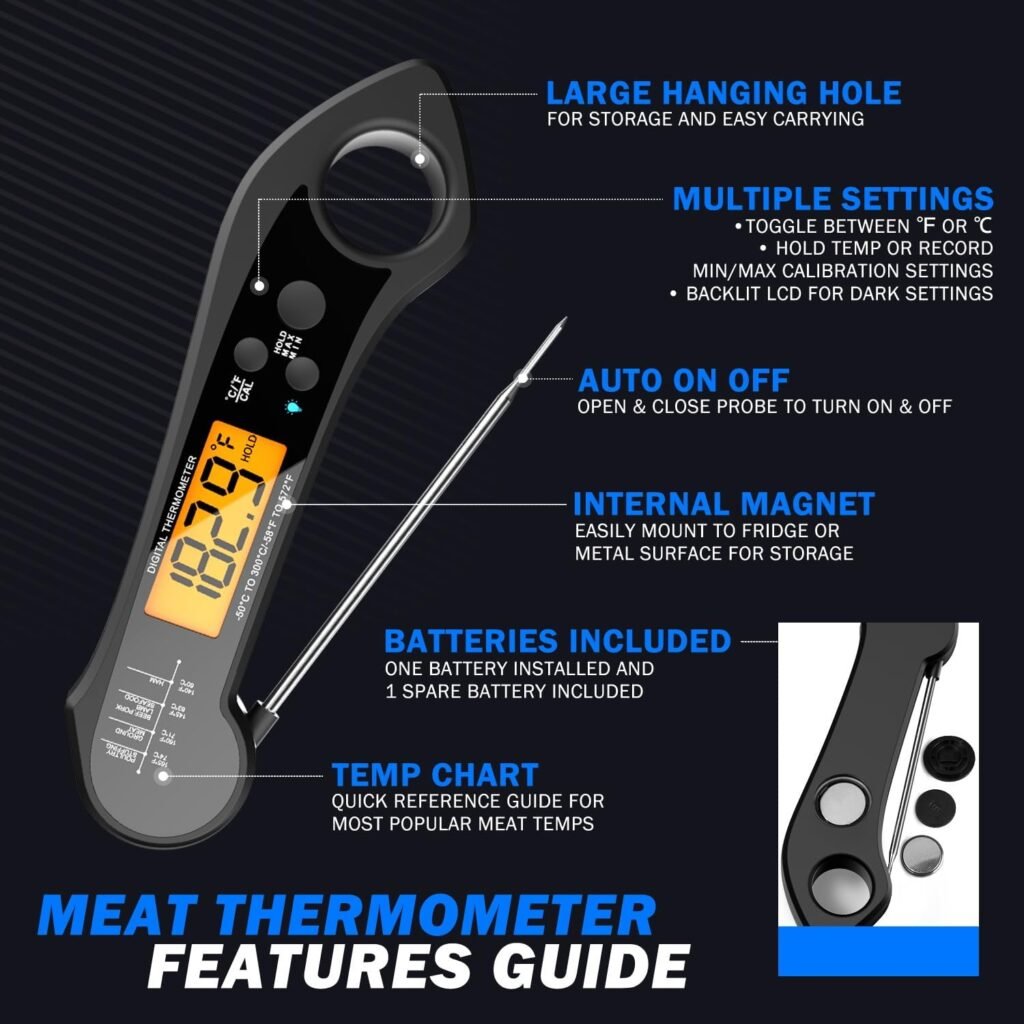 Meat Thermometer Digital for Cooking and Grilling, Biison Instant Read Meat Thermometer Wireless, Waterproof, Backlight, Magnet, Food Thermometer for BBQ Grill, Kitchen Fry, Beef, Turkey