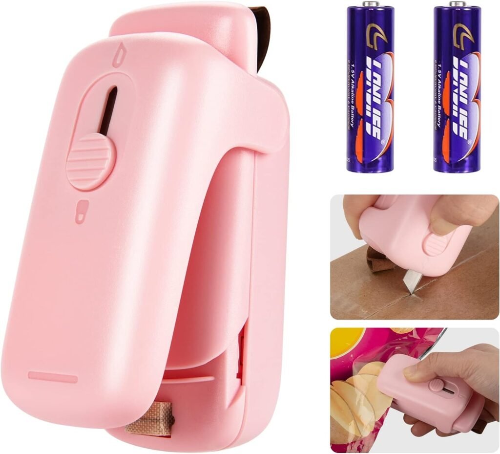 Mini Bag Sealer, Kenossion Chip Bag Sealer - Bag Sealer Heat Seal with Cutter  Magnet, Portable Mini Sealing Machine to Reseal Plastic Bags  Keep Snacks Fresh-Pink (2xAA Batteries Included)