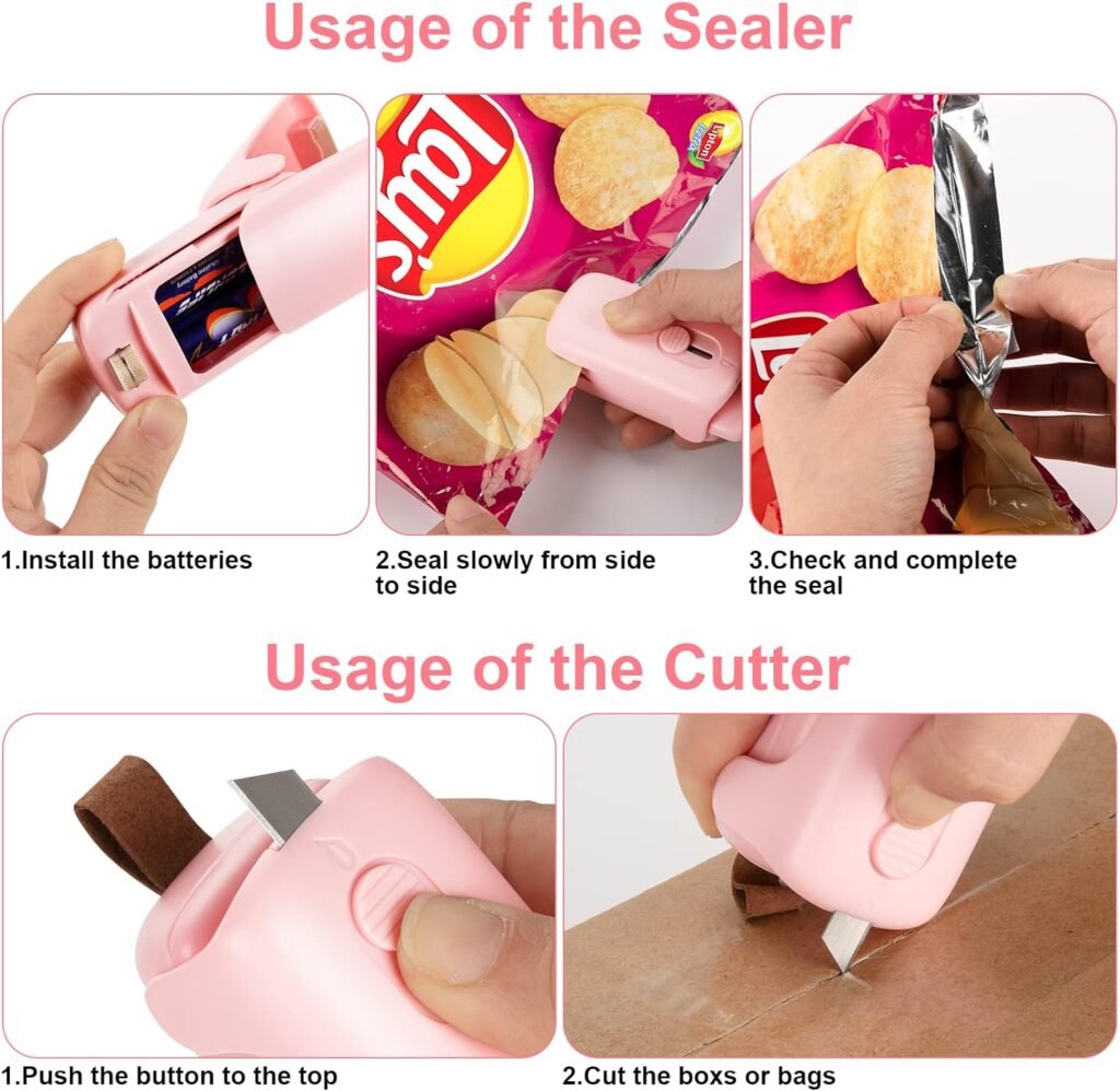 Mini Bag Sealer, Kenossion Chip Bag Sealer - Bag Sealer Heat Seal with Cutter  Magnet, Portable Mini Sealing Machine to Reseal Plastic Bags  Keep Snacks Fresh-Pink (2xAA Batteries Included)