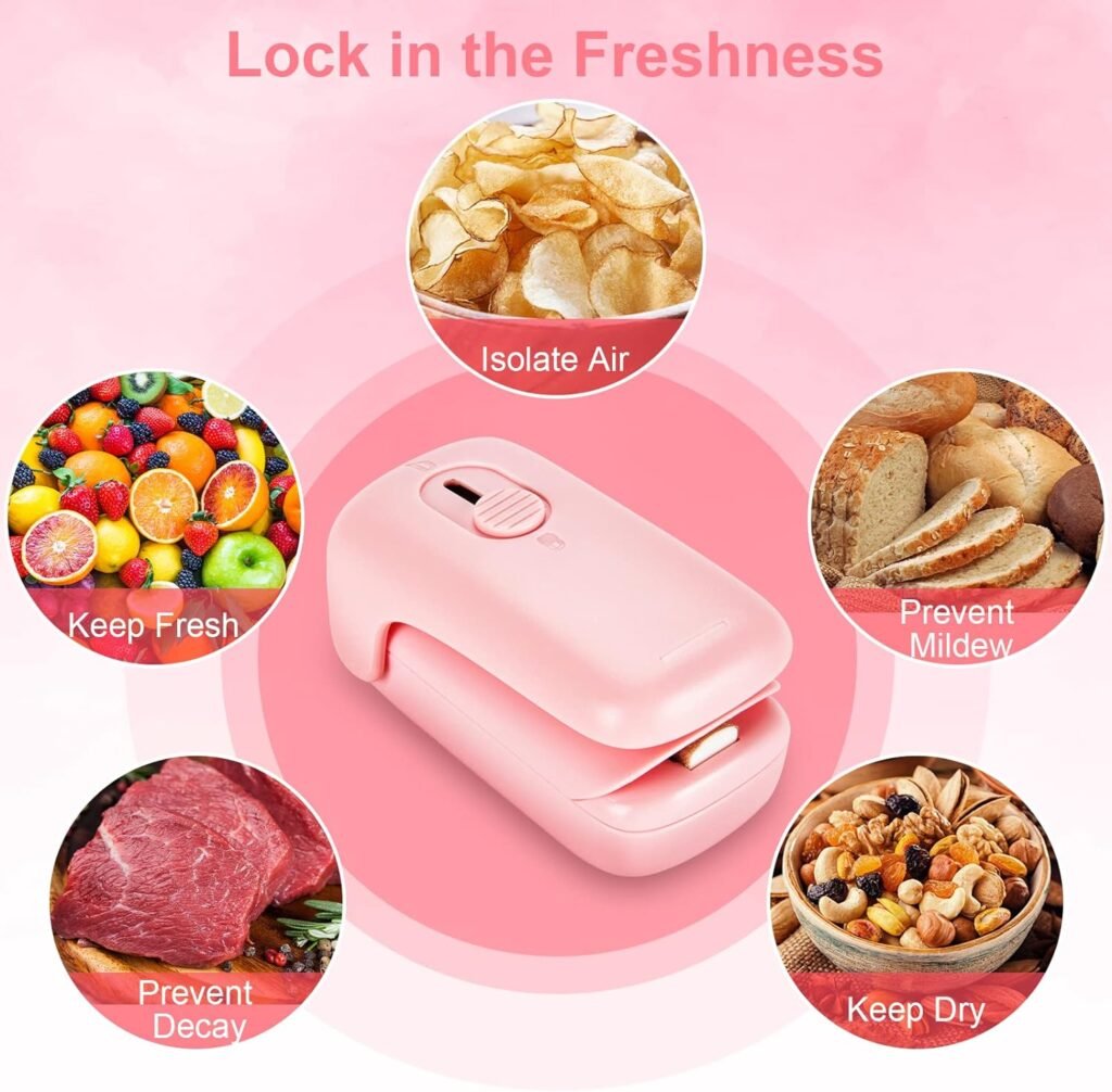 Mini Bag Sealer, Kenossion Chip Bag Sealer - Bag Sealer Heat Seal with Cutter  Magnet, Portable Mini Sealing Machine to Reseal Plastic Bags  Keep Snacks Fresh-Pink (2xAA Batteries Included)