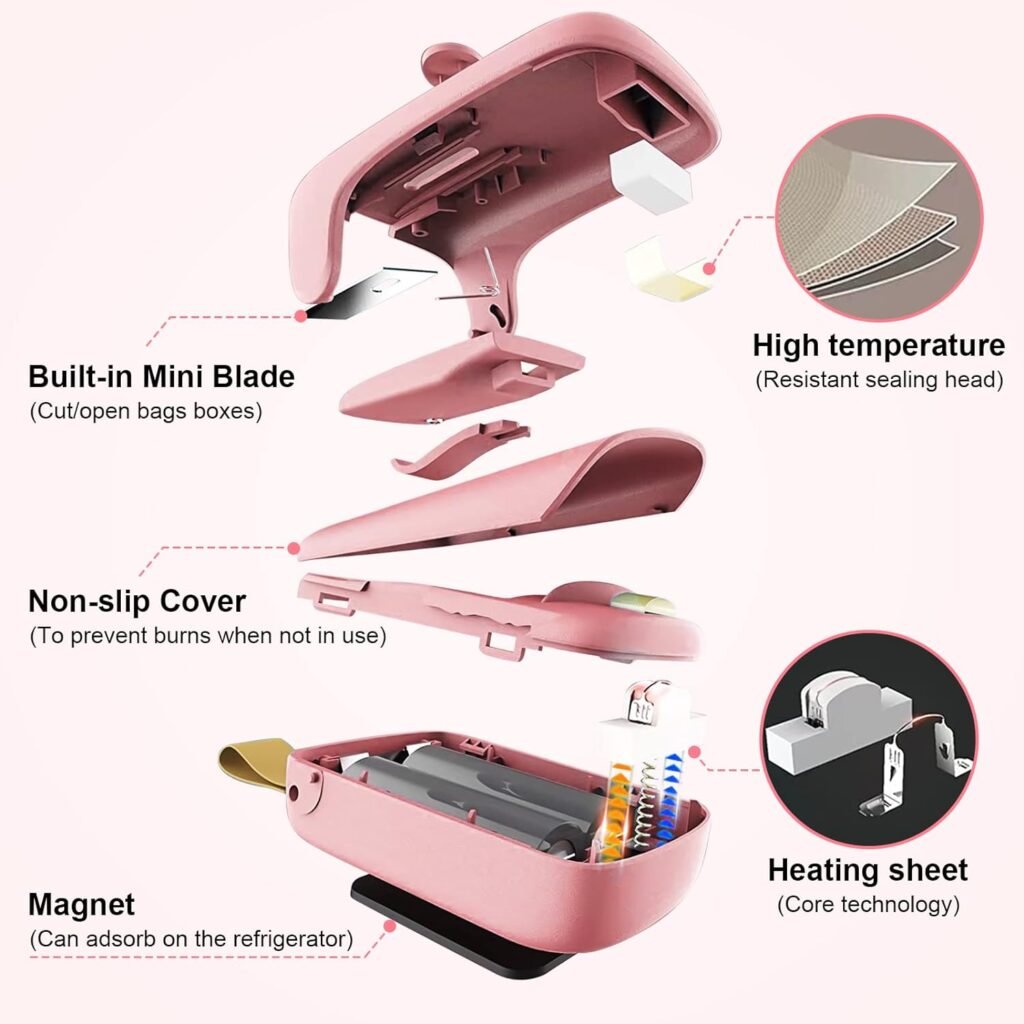 Mini Bag Sealer, Kenossion Chip Bag Sealer - Bag Sealer Heat Seal with Cutter  Magnet, Portable Mini Sealing Machine to Reseal Plastic Bags  Keep Snacks Fresh-Pink (2xAA Batteries Included)