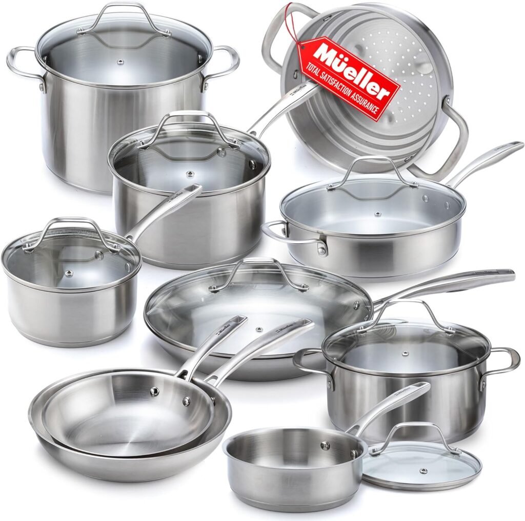 Mueller Pots and Pans Set 17-Piece, Ultra-Clad Pro Stainless Steel Cookware Set, Ergonomic EverCool Handle, Includes Saucepans, Skillets, Dutch Oven, Stockpot, Steamer More